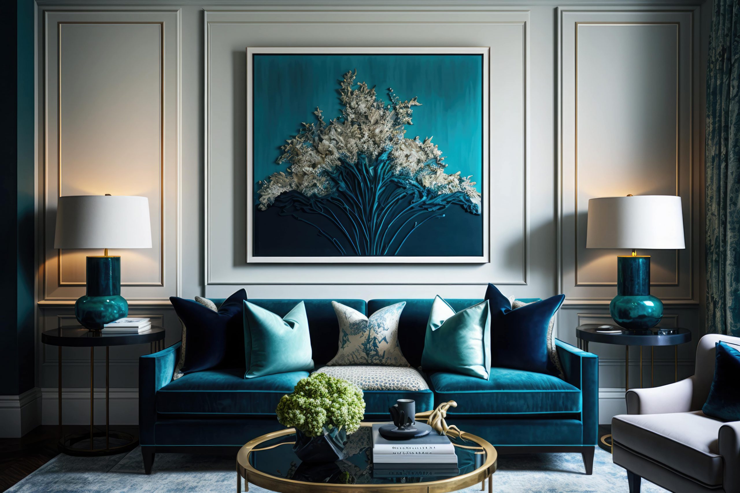 Living Room With Blue Sofa Large Painting Flower Wall Min Min 1